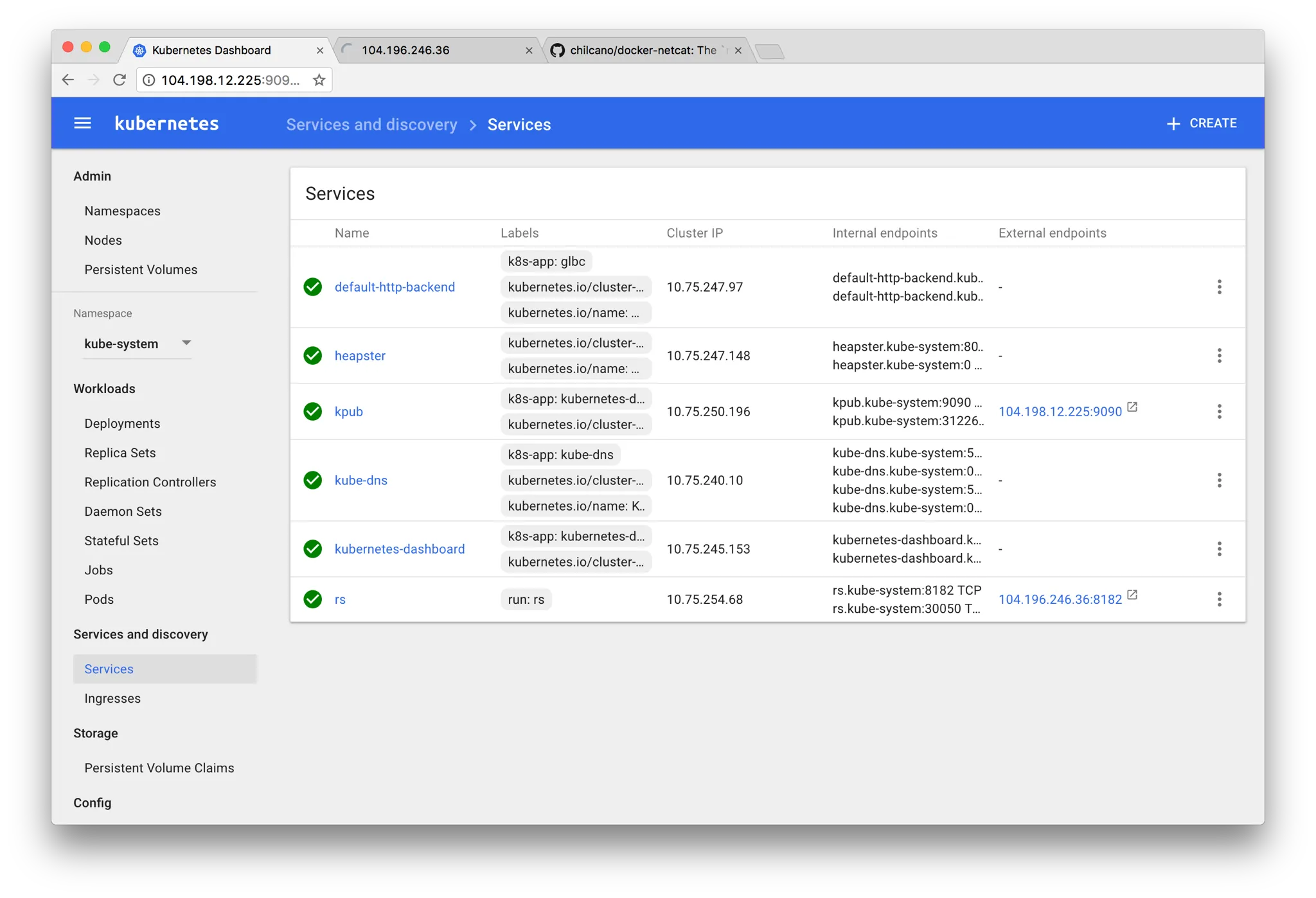 Screenshot of k8s dashboard